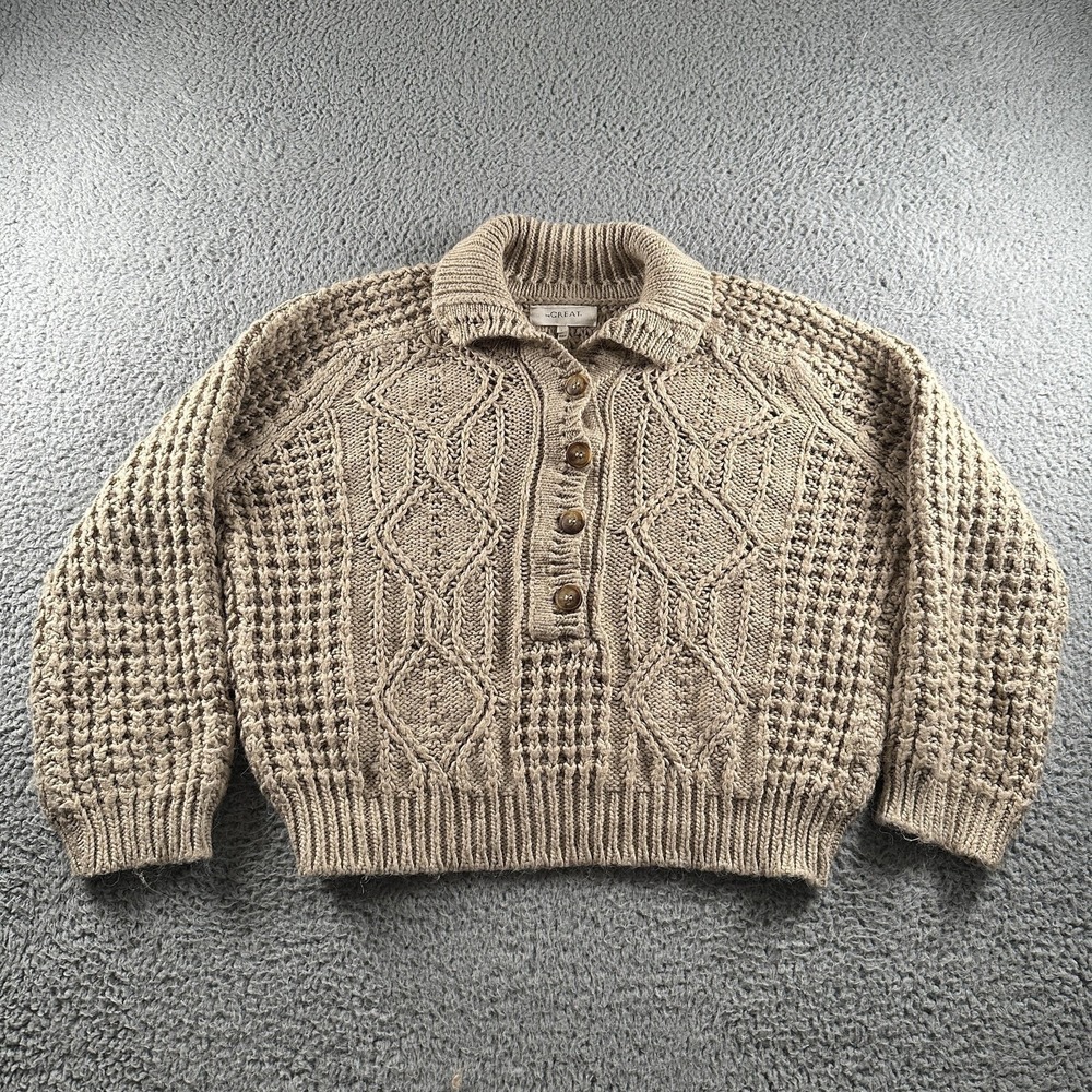 THE‎ GREAT. Sweater Womens 1 Beige Acrylic Wool Alpaca Henley Cable Knit Italy